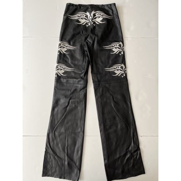 I AM GIA Faux Leather Pants Women 26x32 Black Embroidered Raw Hem Stretch Biker - Picture 11 of 11